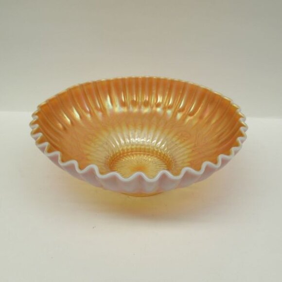 Dugan Carnival Glass Peach Opalescent SINGLE FLOWER FRAMED 8 1/2 In Ribbon Bowl - Picture 1 of 5